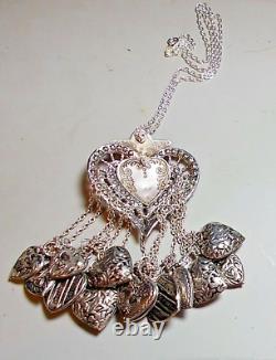 16 Hearts Chatelaine Necklace Victorian Style Double Sided Puffy Hearts Silver T