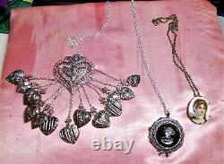 16 Hearts Chatelaine Necklace Victorian Style Double Sided Puffy Hearts Silver T