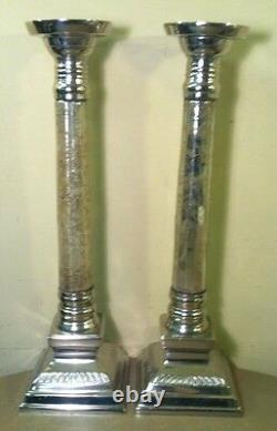 2 Victorian Style Silver Plate Corinthian Flake Glass Column Candlesticks Rare