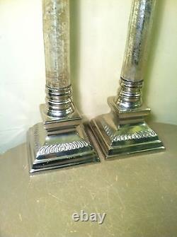 2 Victorian Style Silver Plate Corinthian Flake Glass Column Candlesticks Rare