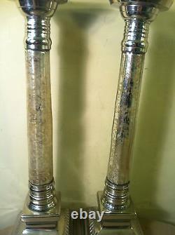 2 Victorian Style Silver Plate Corinthian Flake Glass Column Candlesticks Rare