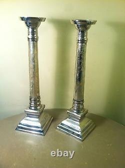 2 Victorian Style Silver Plate Corinthian Flake Glass Column Candlesticks Rare