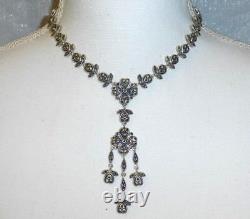 52gms Vintage 925 Silver Hearts Flowers Marcasite Victorian Drop Style Necklace