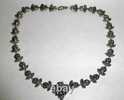 52gms Vintage 925 Silver Hearts Flowers Marcasite Victorian Drop Style Necklace