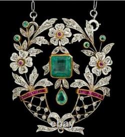 5ct Rose Cut Diamond Emerald Ruby Antique Victorian Style 925 Silver Pendant