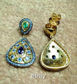 925 Silver Victorian Style Handmade Amethyst, Emerald Gemstone Diamond Earring