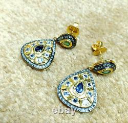 925 Silver Victorian Style Handmade Amethyst, Emerald Gemstone Diamond Earring