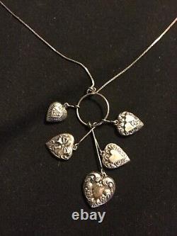 925 Sterling Silver Necklace and Pendant with Five Victorian-Style Silver Hearts