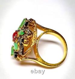 925 Sterling Silver Ruby Emerald Victorian Style Silver Ring, Pave Diamond Ring