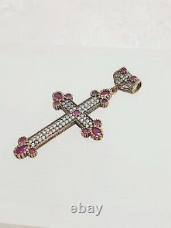 925 Sterling Silver Victorian Style Cross Pendant Necklace Red Blue Cz Crystals