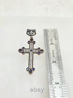 925 Sterling Silver Victorian Style Cross Pendant Necklace Red Blue Cz Crystals
