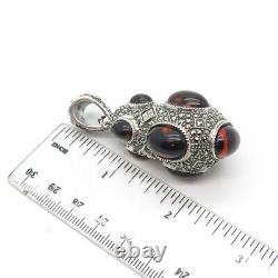 925 Sterling Silver Vintage Real Marcasite Gem & Glass Victorian Style Pendant