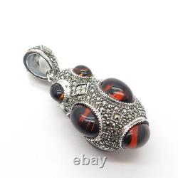 925 Sterling Silver Vintage Real Marcasite Gem & Glass Victorian Style Pendant