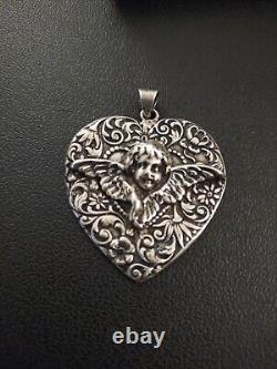 925 Sterling Victorian Style Gothic Heart Cherub Flowers Pendant 23.5 Grams