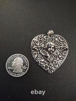 925 Sterling Victorian Style Gothic Heart Cherub Flowers Pendant 23.5 Grams