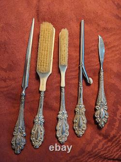 ANTIQUE FRENCH VICTORIAN MANICURE DRESSER PIECES with STERLING SILVER HANDLES