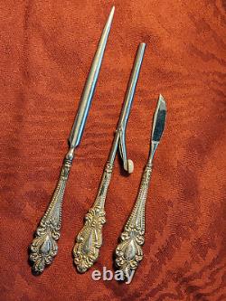 ANTIQUE FRENCH VICTORIAN MANICURE DRESSER PIECES with STERLING SILVER HANDLES