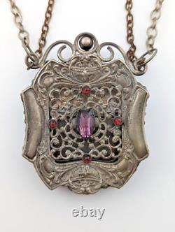 ANTIQUE VICTORIAN CALLING CARD CASE ornate openwork pendant necklace purple B4