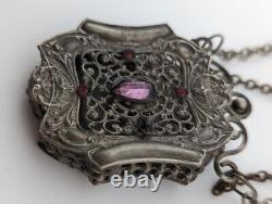 ANTIQUE VICTORIAN CALLING CARD CASE ornate openwork pendant necklace purple B4