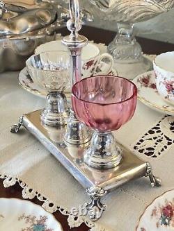 Antique Silverplate French Double SALT Saliere Caddy With Pink Clear Crystal