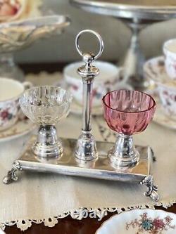 Antique Silverplate French Double SALT Saliere Caddy With Pink Clear Crystal