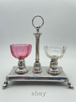 Antique Silverplate French Double SALT Saliere Caddy With Pink Clear Crystal