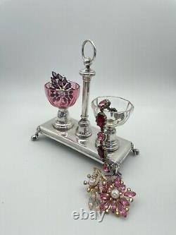 Antique Silverplate French Double SALT Saliere Caddy With Pink Clear Crystal