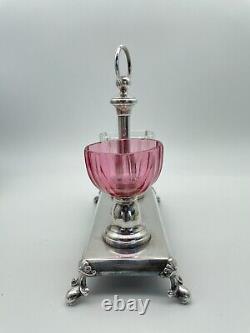 Antique Silverplate French Double SALT Saliere Caddy With Pink Clear Crystal