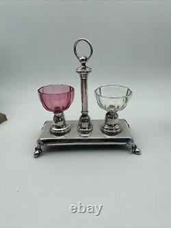 Antique Silverplate French Double SALT Saliere Caddy With Pink Clear Crystal