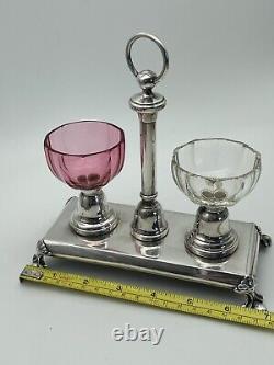 Antique Silverplate French Double SALT Saliere Caddy With Pink Clear Crystal