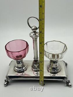 Antique Silverplate French Double SALT Saliere Caddy With Pink Clear Crystal