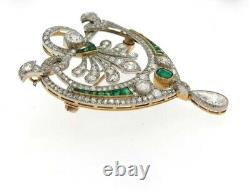 Antique Style Victorian Edwardian Brooch Emerald Diamond 925 Sterling Silver