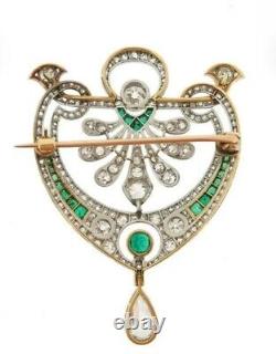 Antique Style Victorian Edwardian Brooch Emerald Diamond 925 Sterling Silver
