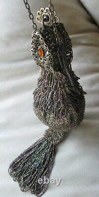 Antique Victorian Silver Filigree Jewel Frame Iridescent Crochet Bead Purse