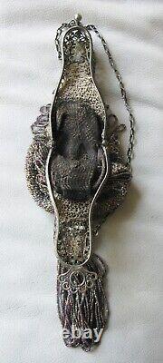 Antique Victorian Silver Filigree Jewel Frame Iridescent Crochet Bead Purse