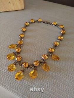 Antique Victorian Sterling Silver Citrine Dangle Necklace Art Deco