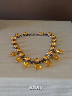 Antique Victorian Sterling Silver Citrine Dangle Necklace Art Deco