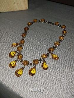 Antique Victorian Sterling Silver Citrine Dangle Necklace Art Deco