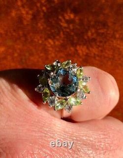 Antique Victorian Style Natural Topaz & Peridot Silver Dress/Cocktail Ring 925