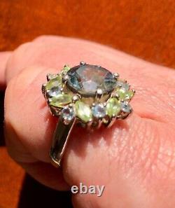 Antique Victorian Style Natural Topaz & Peridot Silver Dress/Cocktail Ring 925