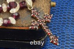 Antique icon Bohemian silver Natural Rose Garnet Pendant cross Victorian style