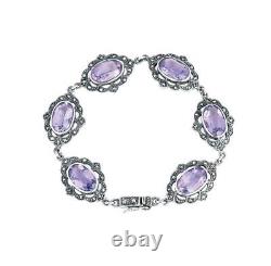 Bracelet Victorian Style 925 Sterling Silver Set With Amethyst And Marcasite