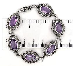 Bracelet Victorian Style 925 Sterling Silver Set With Amethyst And Marcasite