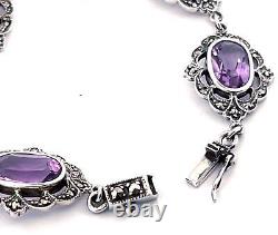 Bracelet Victorian Style 925 Sterling Silver Set With Amethyst And Marcasite