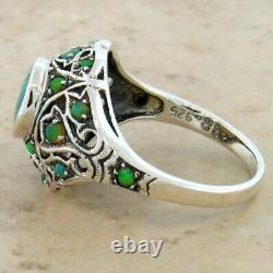 Classic Victorian Style Ring 925 Sterling Silver Green Lab-Created Fire Opal