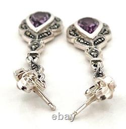 Drop Earrings Victorian Style 925 Sterling Silver Set With Amethyst & Marcasite