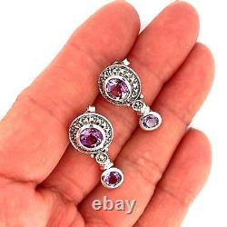 Drop Earrings Victorian Style Hallmarked 925 Sterling Silver Set With Amethyst