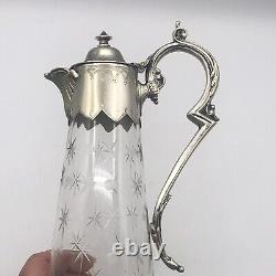 English Victorian Style Decanter or Pitcher Silver Plated Cut Glass Starburst