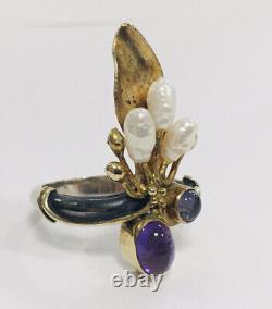 Estate Sterling Silver Victorian Style Amethyst & Pearl Cocktail Ring Sz9