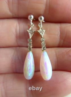 Fine Silver Gold Opal Victorian Style Teardrop Drop Earrings